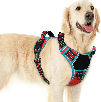 Eagloo Dog Harness for Large Dogs, Easy Wearing with 3 Buckles, Adjustable No Pull Pet Harness with 2 Rings for Walking, No Chock Reflective Soft Padded Vest with Control Handle, Red & Teal, L
