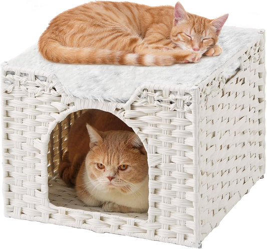 Cat Beds Indoor Kitten House, Handwoven Rattan Cat Cave Pet Cube, Large Cat Houses, One Bed Mat, Foldable, Hideaway, 16.5x16.5x13.2 Inches, 2 S-Shaped Hooks in Living Room Bedroom Gray