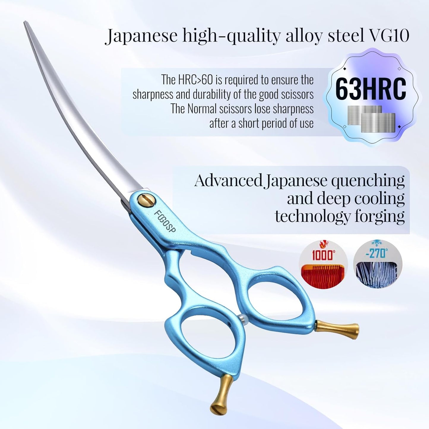 Professional Curved Dog Grooming Scissors with Sharper Self Grinding lightweight and finely trimmed split structure 6.5'' Japan VG10 63HRC for small dogs cat pet(Blue)