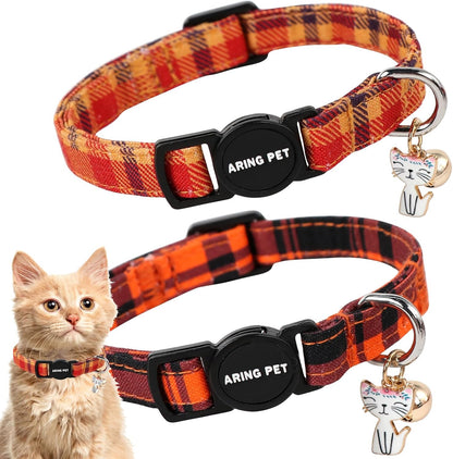 ARING PET 2 Pack Fall Cat Collars-Cute Breakaway Cat Collar with Bell & Pendant, Adjustable Halloween Plaid Kitten Collars with Safety Buckle for Girl and Boy Cats