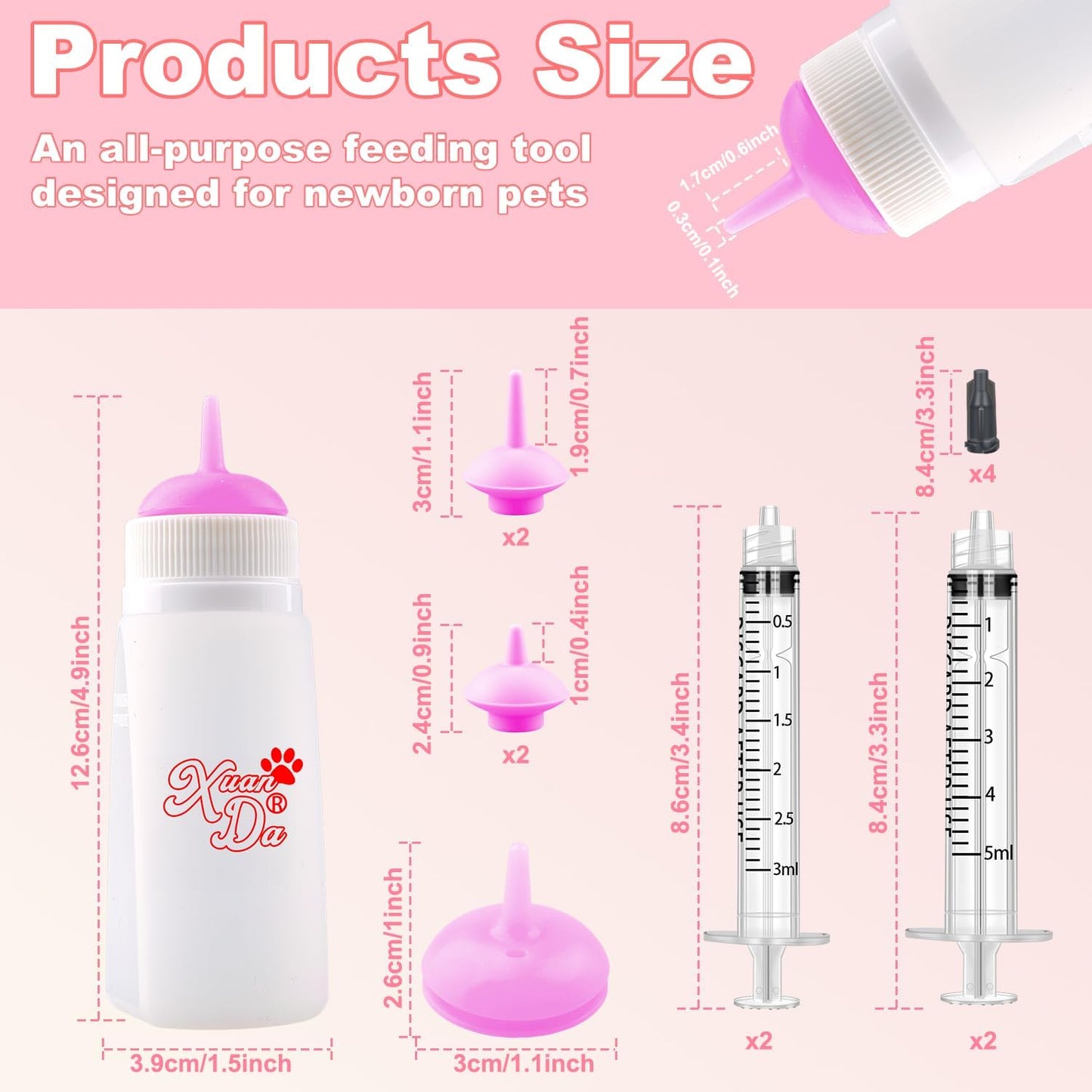 Kitten Bottle Feeding kit with Feeding Nipple and Syringe, Soft Silicone Nursing Pet Feeding Bottle, Ventilation Valve Resistant Tearing for Small Puppies, Kittens, Rabbit (M Nipple-Pink)