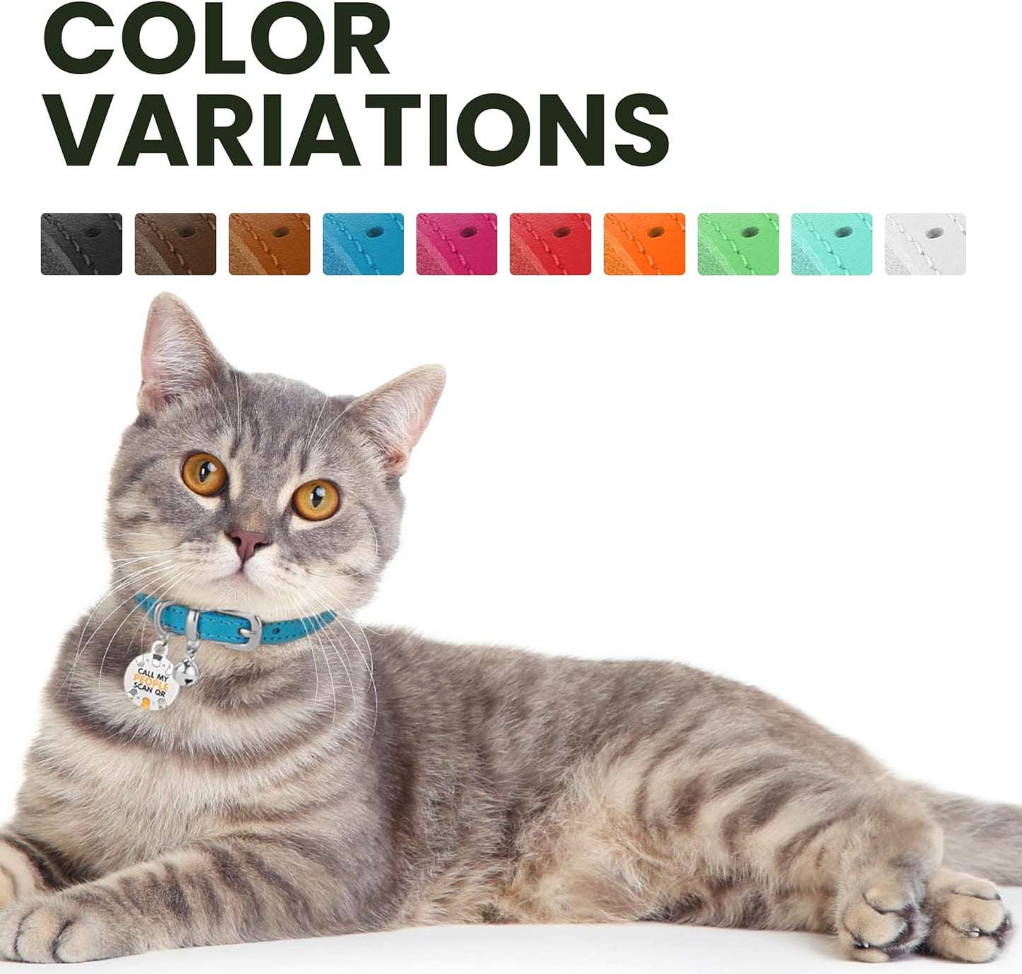 BRONZEDOG Leather Cat Collar with Removable Bells Non Breakaway Kitten QR Tag for Girl Boy (7" - 9" for Cats, Blue & Silver)