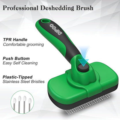 Self Cleaning Deshedding Brush for Dogs & Cats - Skin Friendly Grooming Tool with Hair Removal for Haired Pets, Green