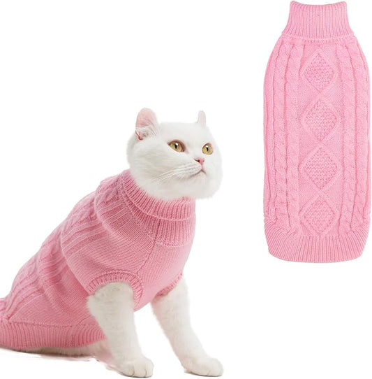 BINGPET Cat Sweater,Thermal Knitted Kitten Clothes Winter Coat,Classic Knit Turtleneck Cat Sweaters for Cats Only,Warm Pet Clothes for Kittens & Small Dogs Puppy Boy Girl Indoor Outdoo(Pink,S)
