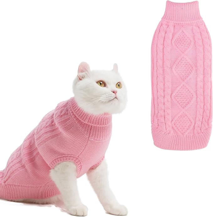 BINGPET Cat Sweater,Thermal Knitted Kitten Clothes Winter Coat,Classic Knit Turtleneck Cat Sweaters for Cats Only,Warm Pet Clothes for Kittens & Small Dogs Puppy Boy Girl Indoor Outdoor(Pink,L)
