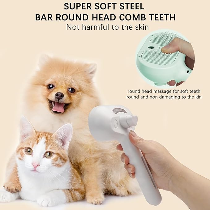 Pet Steam Brush for Cats and Dogs, 3 In 1 Steamy Cat Brush with Release Button and Tank, Anti-Static Pet Spray Hair Removal Comb, Rechargeable Dog Steam Comb for Furry (White)
