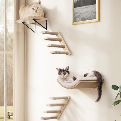 4-Piece Cats Wall Furniture with Cat Window Perch – Wood Wall Mounted Cat Shelves Set with Foam-Padded Curved Bed, Flat Perch & 4-Step Cats Stairs