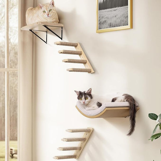 4-Piece Cats Wall Furniture with Cat Window Perch – Wood Wall Mounted Cat Shelves Set with Foam-Padded Curved Bed, Flat Perch & 4-Step Cats Stairs