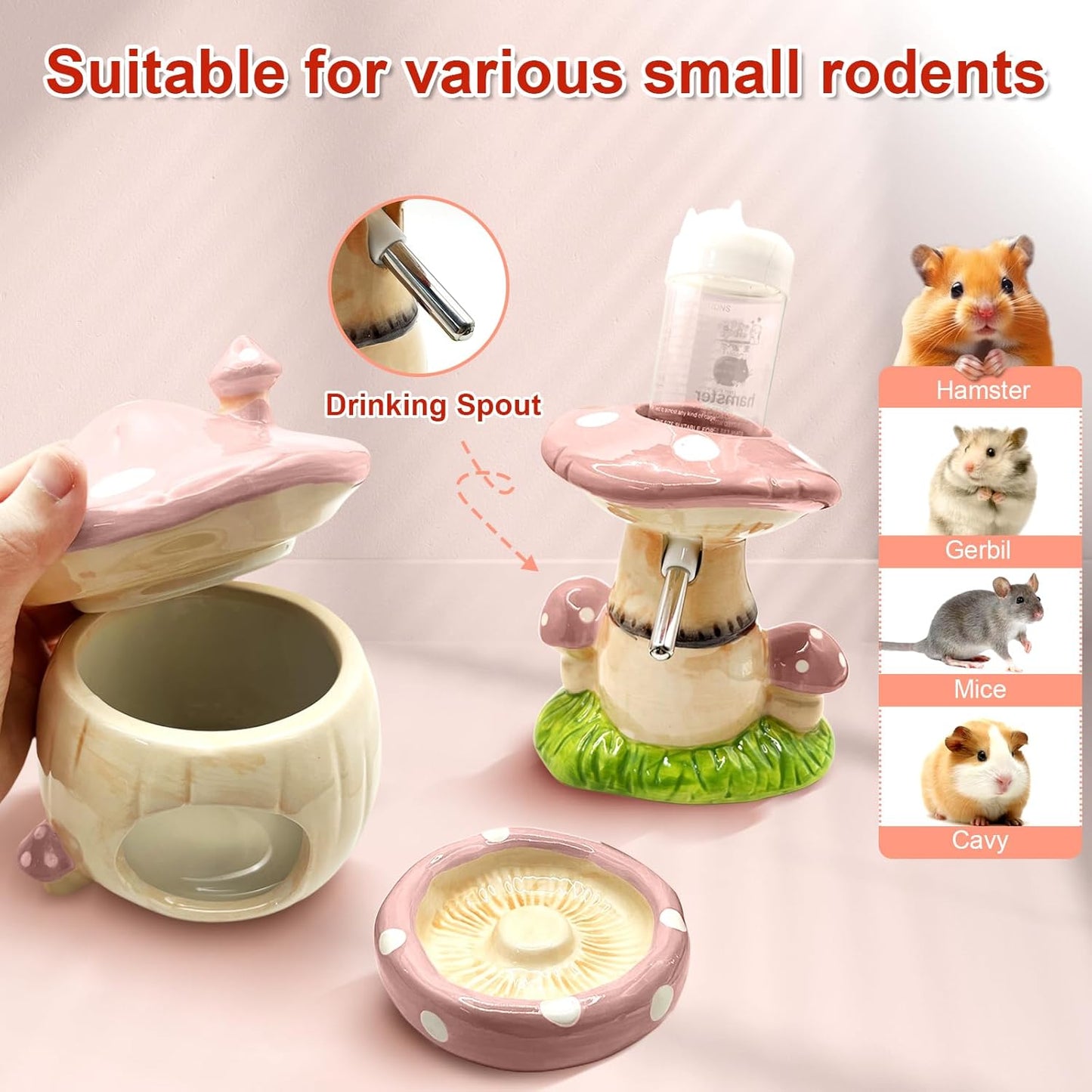 Mushroom Ceramic Hamster Hideout, Water Bottle with Stand, Food Bowl, Hamster Accessories (Pink)