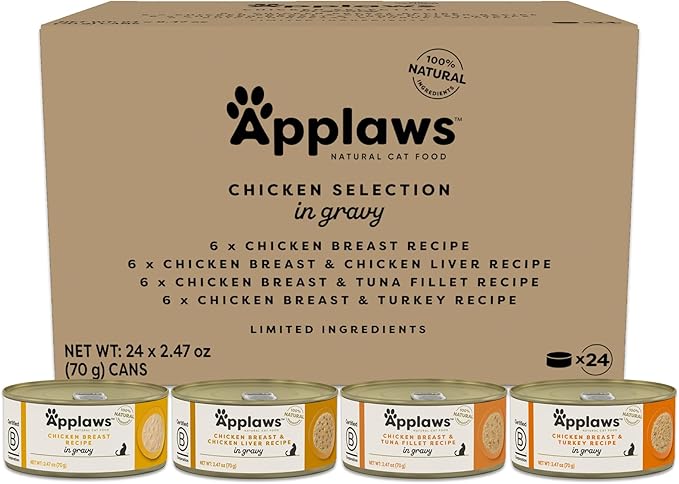Applaws Natural Wet Cat Food in Gravy, Limited and Natural Ingredients, High Protein with No Artificial Additives, Chicken Selection in Gravy (24 x 2.47oz Cans)