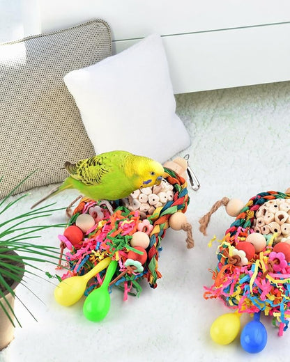 Bissap Conure Toys, 2PCS Bird Parrot Foraging Shredder Hanging Toys Sola Balls with Sand Hammer for Small Parrots Parakeets Conures Cockatiels Love Birds Cage Toy