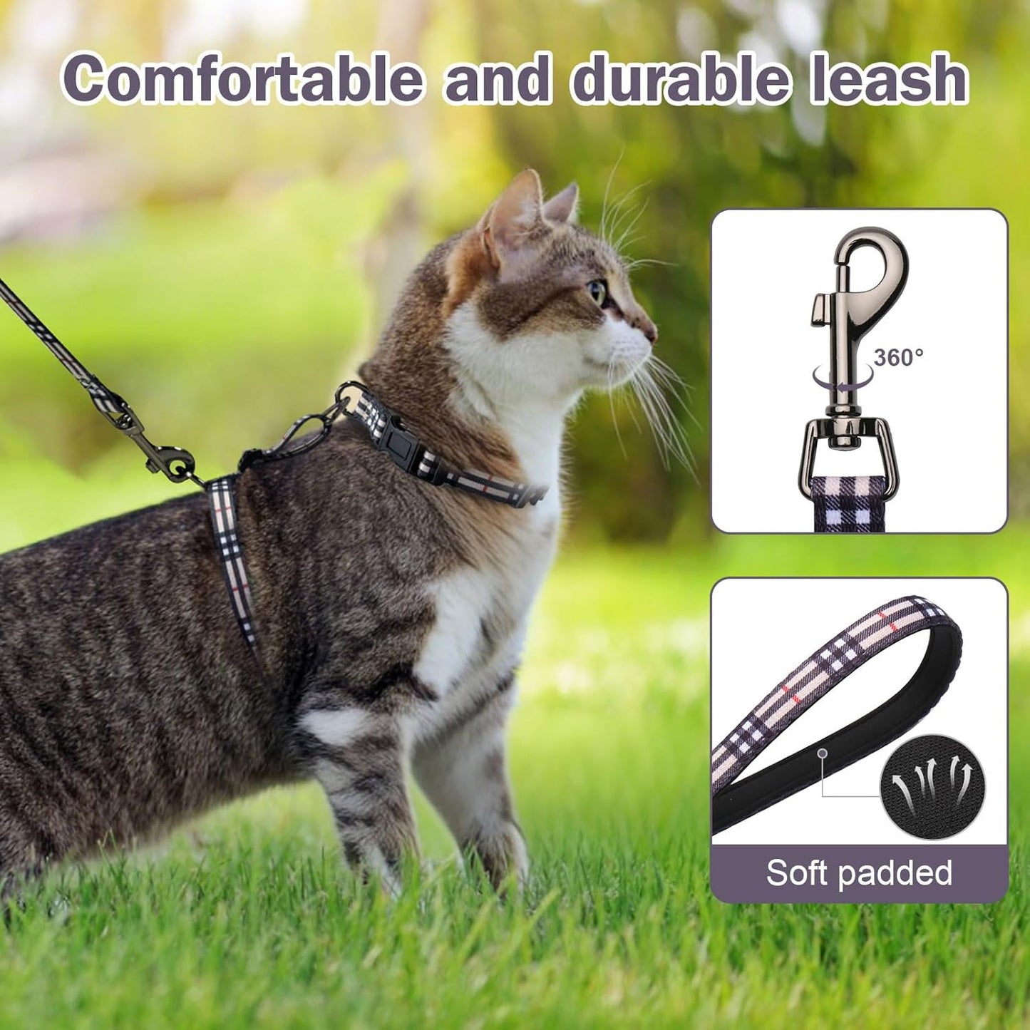 Hikiko Cat Harness and Leash Set Escape Proof Adjustable Walking Travel Soft Kitten Harness for Small Medium Large Cats (Khaki Plaid, M)
