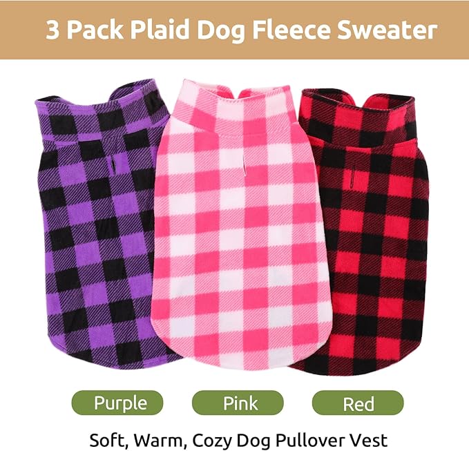 KAMA BRIDAL 3 Pack Spring Autumn Winter Coat Pullover Fleece Vest for Cats Small and Medium Dogs - Thin Sweater Red Pink Purple Plaid (XXS)