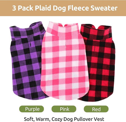 Kama Bridal 3 Pack Dog Coat - Spring, Autumn, Winter - Fleece Vest for Cats & Dogs - Small & Medium - Red, Pink, Purple Plaid (M)