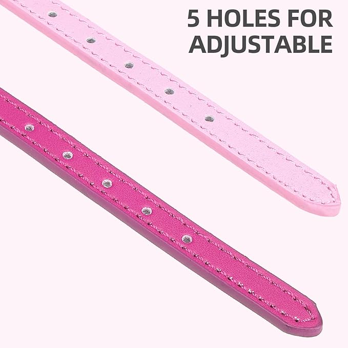 PUPTECK 2 PCS Soft Genuine Leather Cat Kitten Collar with Bells Adjustable for Girl Boy Cats Puppy, Rose Pink