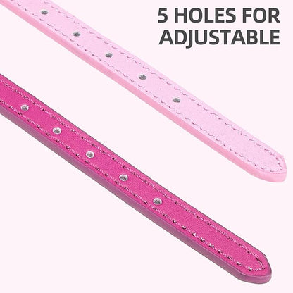 PUPTECK 2 PCS Soft Genuine Leather Cat Kitten Collar with Bells Adjustable for Girl Boy Cats Puppy, Rose Pink