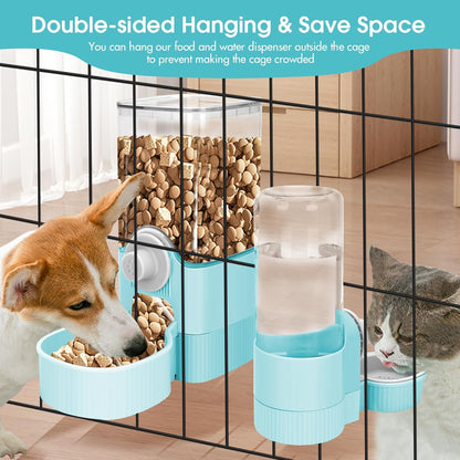 Yummy Sam Hanging Cage Automatic Small Pet Food Bowl Water Bottle Dispenser, Detachable Auto Gravity 1.2L Self-Feeding Feeder and 0.52L Waterer Set Kennel Feeding Station for Puppy Cats(Sky Blue)