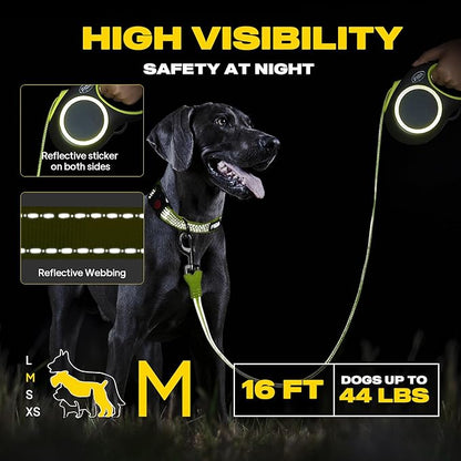 Fida Retractable Dog Leash, Reflective 16ft Heavy Duty Pet Walking Leash for Medium/Large Dog up to 44 lbs, Tangle Free. One-Hand Brake (Medium, Neon Yellow)
