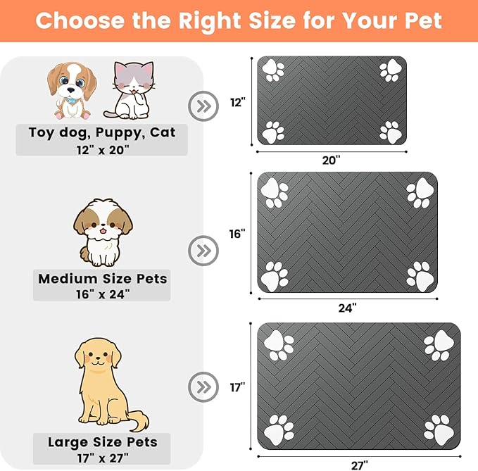 Pet Feeding Mat-Absorbent Pet Placemat for Food and Water Bowl, with Waterproof Rubber Backing, Quick Dry Water Dispenser Mat for Dog and Cat (17"x27", Striped Dark Gray)