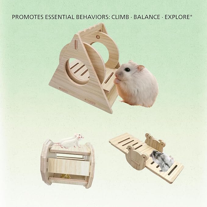 Poplar Wood Hamster Toys Set: Triangle Swing, Frog Seesaw & Bell Roller - Chewable Cage Decor for Dwarf/Syrian Hamsters, Gerbils, Mice (秋千、响铃、跷跷板、)