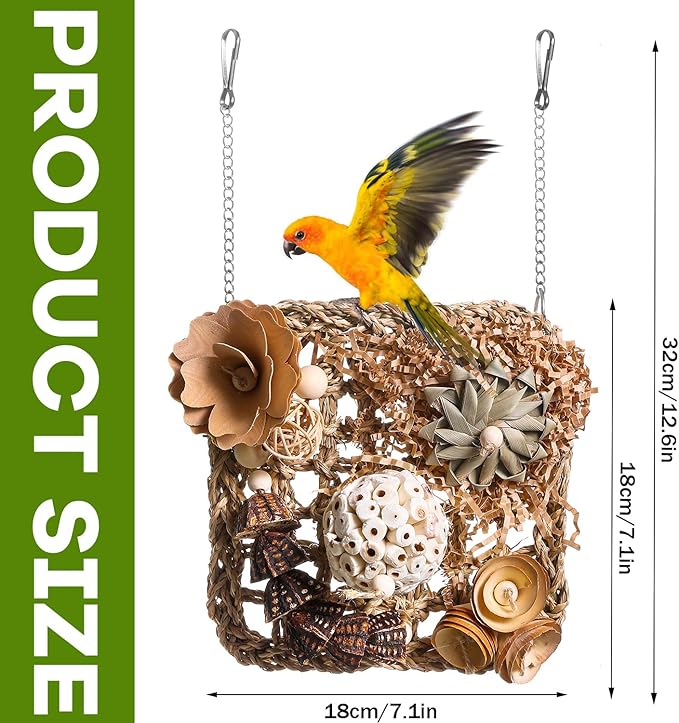 Bird Foraging Wall Toy, Seagrass Woven Climbing Hammock Mat with Chewing Toys,Parrot Shredding Hanging Toys for Cockatiel Lovebird Parakeet Budgie Small-Medium Birds (Small)