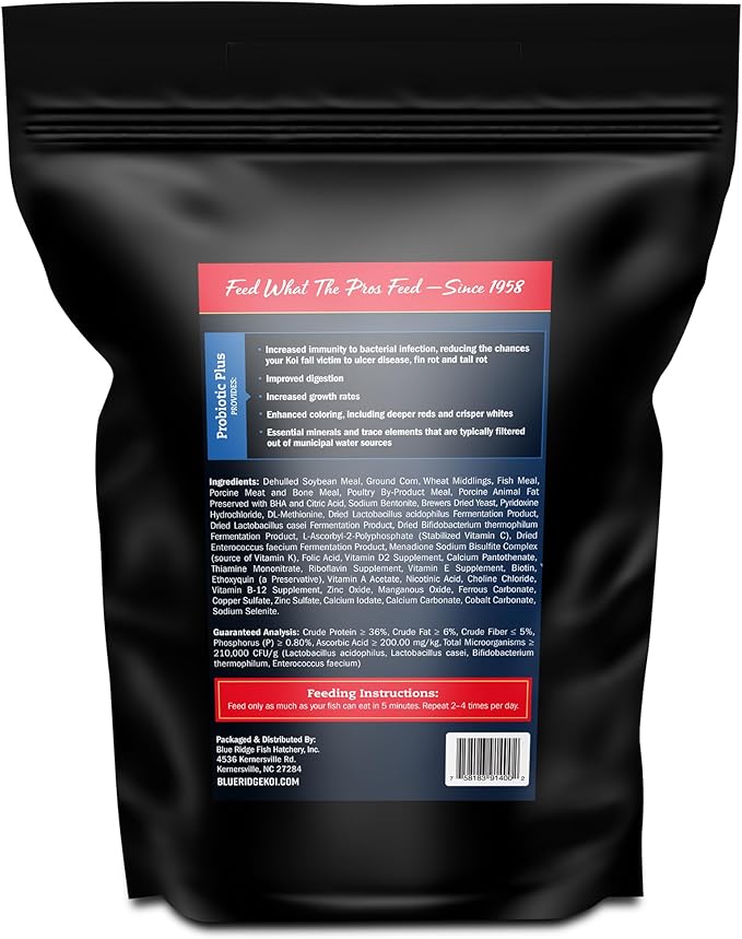 Blue Ridge Koi Fish Food 5lb - Koi Food 3/16” Probiotic Plus, Goldfish Food, Premium Fish Food for Ponds, Ponds Fish Food, Koi Food Fall and Winter Fish Food, Floating Pond Pellets