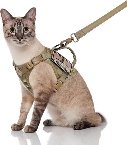 Tactical Cat Harness and Leash, Escape Proof Large Cat Walking Vest,Adjustable Soft Mesh Pet Vest Harness with Control Handle, Molle Patches (Large, Beige)