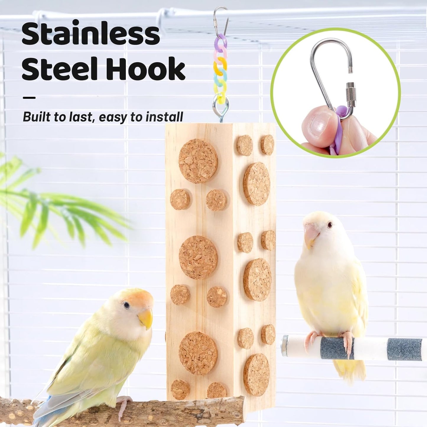 2 Pcs Wooden Bird Chew Toys - 7.9 Inch Hanging Parrot Toys, with 92 Detachable Corks, Relieve Boredom & Anxiety, Foraging Toys, for Parakeet, Cockatiel, Conure, Budgie, Lovebird, African Grey Parrot