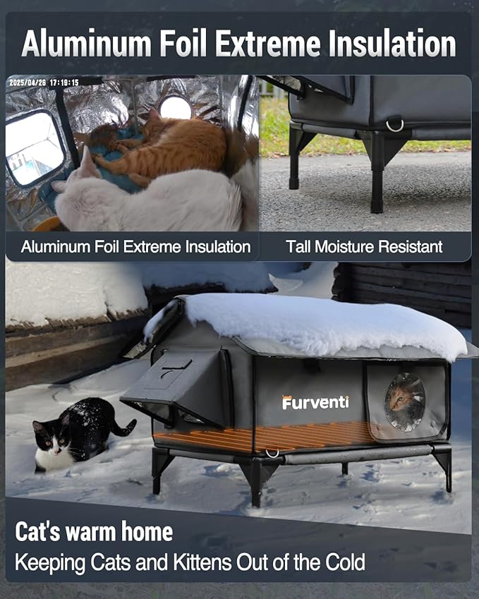 Heated Cat House for Outside,Extremely Weatherproof&Insulated in Winter,Elevated Outdoor Cat Shelter with Waterproof Eaves&Escape Door for Feral Stray Barn Cats(Dark Grey,M)