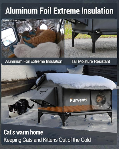 Heated Cat House for Outside,Extremely Weatherproof&Insulated in Winter,Elevated Outdoor Cat Shelter with Waterproof Eaves&Escape Door for Feral Stray Barn Cats(Dark Grey,S)
