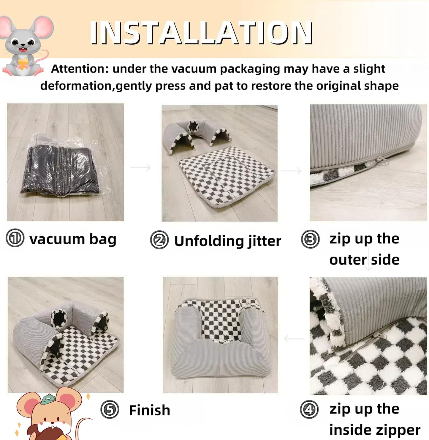 Guinea Pig Hideout Tunnel with Warm Bed for Small Pet 3 Cave Small Animal Tunnel Toy Cages Grey