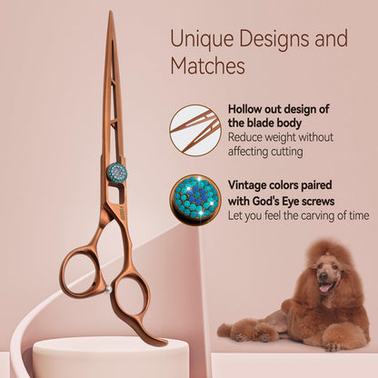 7.0'' Straight Dog Grooming Scissors Professioanl Pet Grooming Shears for Small Dog Cat High Cobalt Alloy Steel Hollow Out Design(7, Chocolate Striaght)