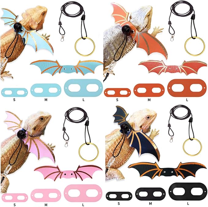 Adjustable Lizard Harness and Leash Set with Wings 3 Pack S M L Soft Leather Reptile Costume Accessories for Bearded Dragon Chameleon Guinea Pig Small Animals Orange