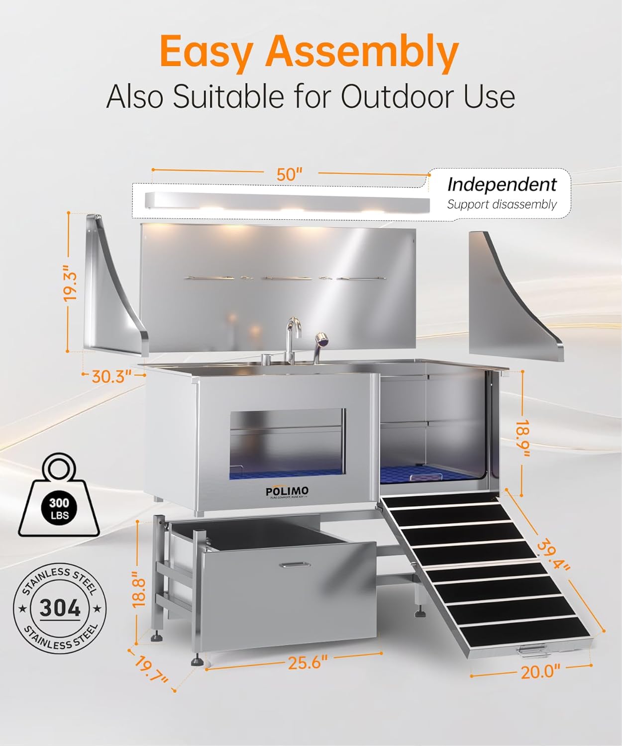 POLIMO Dog Washing Station, LED Professional Stainless Steel Dog Bathing Station 50", Dog Grooming Tub for Large, Medium & Small Dog - with Window, Ramp, Drawer, Floor Grate & Faucet (Right Ramp, 50")
