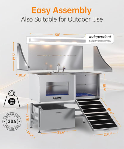 POLIMO Dog Washing Station, LED Professional Stainless Steel Dog Bathing Station 50", Dog Grooming Tub for Large, Medium & Small Dog - with Window, Ramp, Drawer, Floor Grate & Faucet (Right Ramp, 50")
