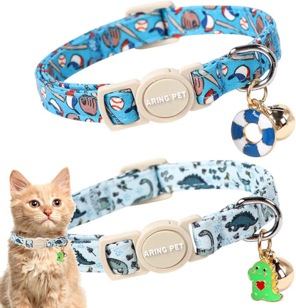 ARING PET 2 Pack Cat Collar-Cute Kitty Collars with Bell & Pendant, Adjustable Dinosaur&Baseball Kitten Collars with Safety Buckle for Girl and Boy Pets