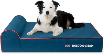 The Dog’s Bed Orthopedic Headrest Dog Bed Large Blue Oxford with Red Trim UK Flag Dog Bed, Memory Foam, Hip & Elbow Dysplasia, Post Surgery, Waterproof Washable Cover