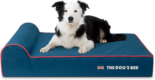 The Dog’s Bed Orthopedic Headrest Dog Bed Large Blue Oxford with Red Trim UK Flag Dog Bed, Memory Foam, Hip & Elbow Dysplasia, Post Surgery, Waterproof Washable Cover
