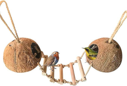 Bird Hides Coconut Nest with Wood Ladder,Syrian Hamster Cage Hanging Natural Coco Shell Hut Hide Toy with Wooden Bridge,Hollow Hideaway Toys for Small Animal Rat Lovebird Finches