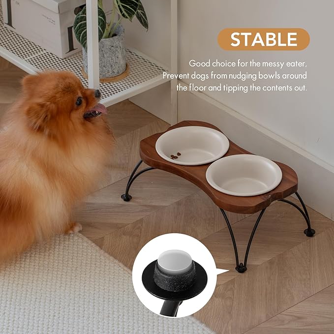 Ceramic 6.3-inch Raised Double-Bowl Set with Non-Slip Stand, Food & Water Dishes for Small and Medium Dogs, Wide Opening with Rounded Edges(Matt White)
