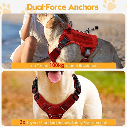 Heavy-Duty Tactical Dog Harness for Large Dogs, No Pull Adjustable Reflective Pet Vest with Molle System, K9 Military-Grade Control for Service Training, Outdoor & 10+ Breeds, Red, Large
