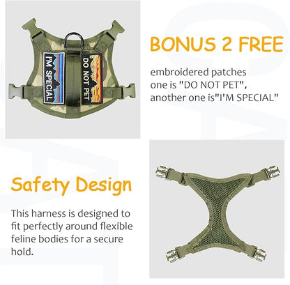 Tactical Cat Harness for Walking, Adjustable Escape Proof Pet Vest for Large Cat,Easy Control Breathable Cat Vest with Handle，Molle Patches (Camo Green, L)