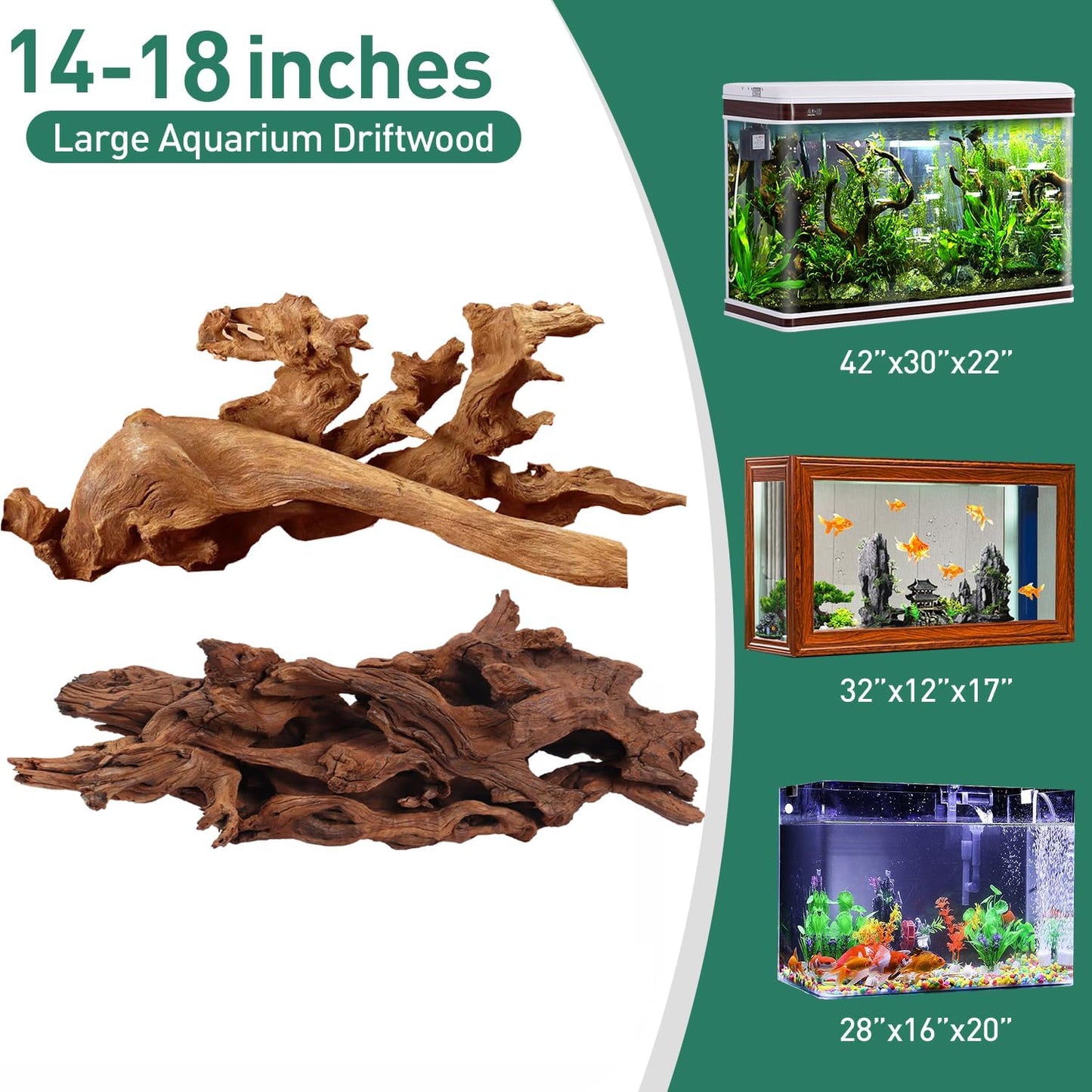 WDEFUN Natural Extral Large Driftwood for Aquarium Decor, 2-Piece 14''-18'' Driftwood for Decorations on Fish Tank, Reptiles Bearded Dragon Accessories or Air Plants