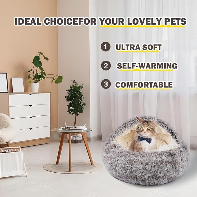 Cat Bed for Indoor Cats, Calming Cozy Cave with Self-Warming Plush, Entire Bed Machine Washable & Anti-Slip Base, Breathable Pet Bed for Small Cats&Dogs All Seasons (Khaki, 24 * 24inch)