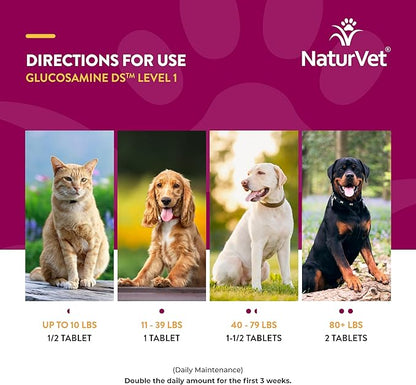 NaturVet – Glucosamine DS - Level 1 Maintenance Care | Preventative Care to Maintain Healthy Cartilage & Joint Function | Enhanced with Glucosamine & Chondroitin | for Dogs & Cats (240 Tablets)