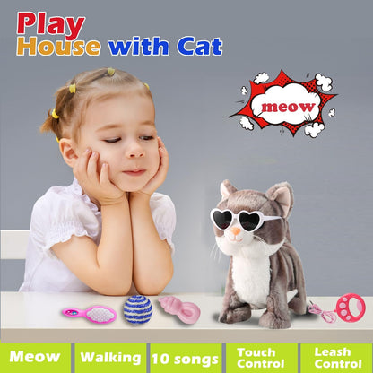 Gray Leash Walking Cat Set Singing That Purrs and Meows Animated Plush Robot Kitten Moving Plush Realistic Stuffed Animal Remote Control Cute Kawai Robotic Kitty Toy for Kid Girl Gift