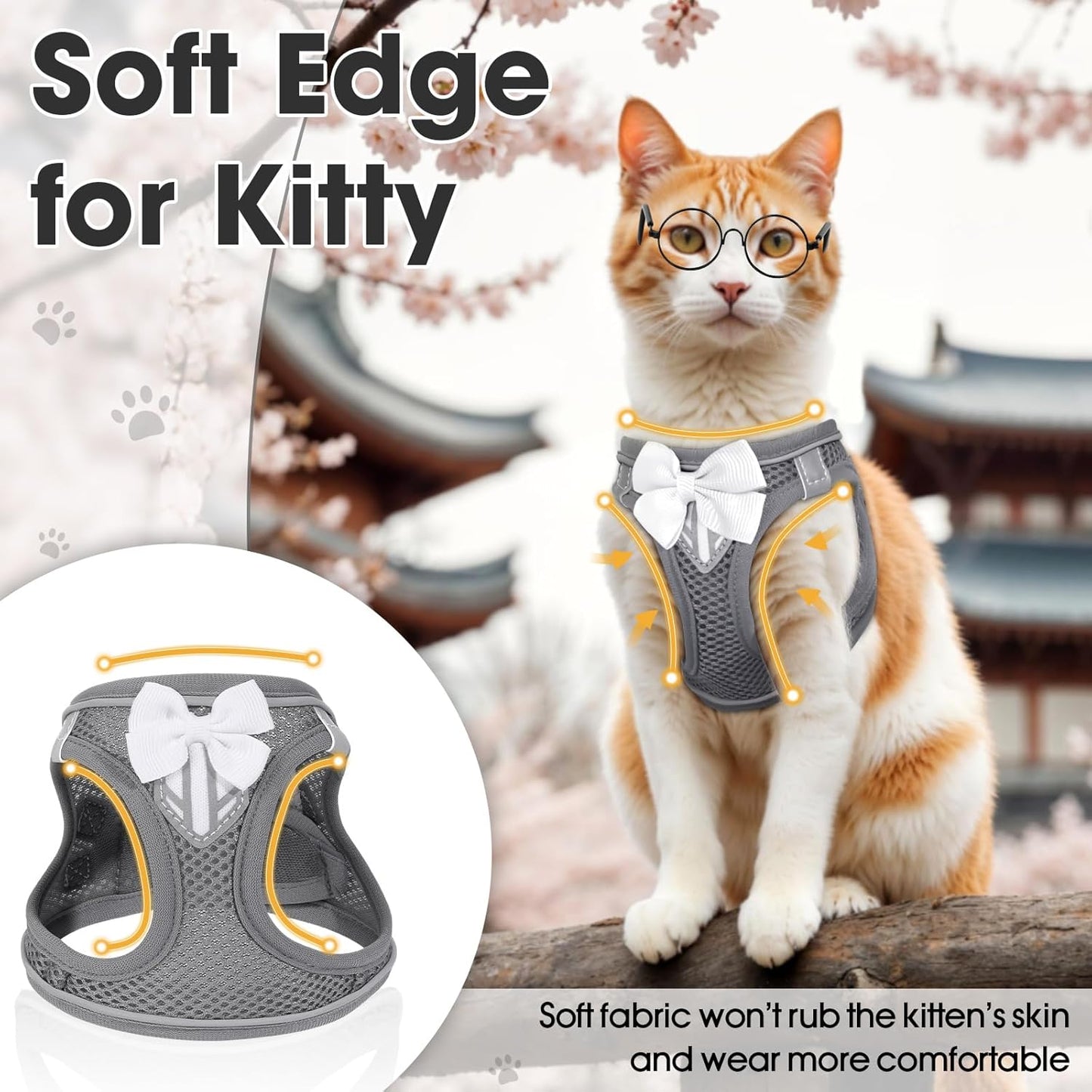 Cat Vest Harness and Leash Set for Walking Escape Proof, Adjustable Kitten Harness Breathable Mesh with Reflective Strips Harness for Kitty Puppy Bunny (Grey,S)