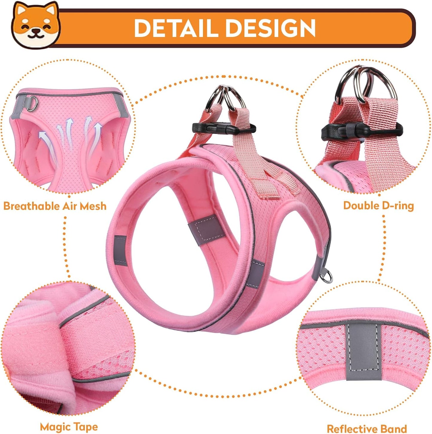 Dog Harness with Leash Set, No-Pull Step-in Reflective Pet Harness with 1 Leash Clips, Adjustable Soft Padded Easy Walk Dog Vest for Small Medium Large Dogs, Cats(Light Pink, Small)