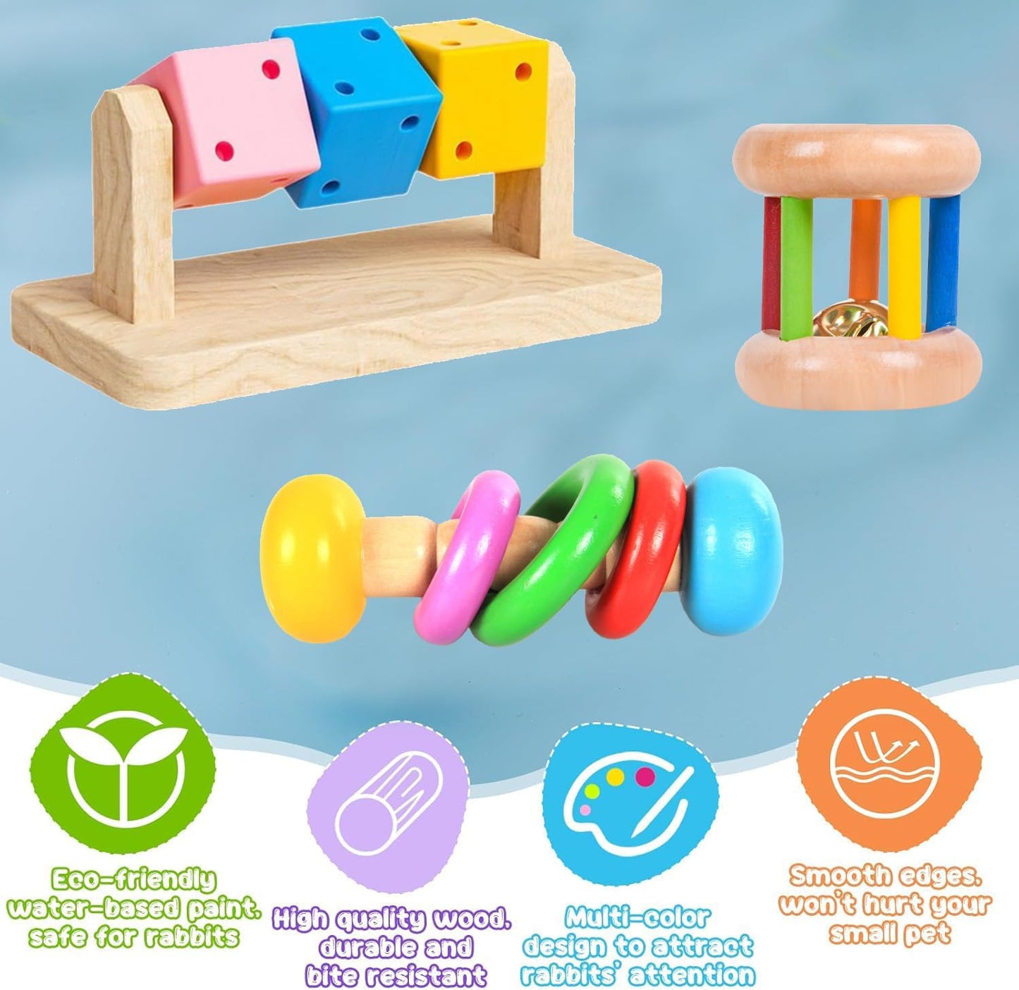 3 Pcs Wooden Hamster Toys - Safe Eco-Friendly Rabbit Toys, Bite-Resistant Guinea Pigs Toys for Chinchillas Hamsters Small Animals Playing Teeth Grinding Indoor