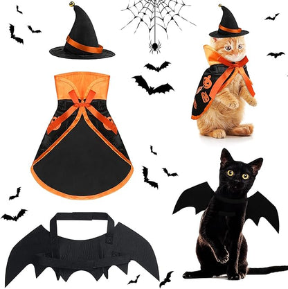Frienda 3 Pieces Cat Halloween Vampire Costume Includes Vampire Costume Cloak Wizard Hat and Cat Bat Wings for Kittens Pet Halloween Party Cosplay Accessories(Orange,Pumpkin)